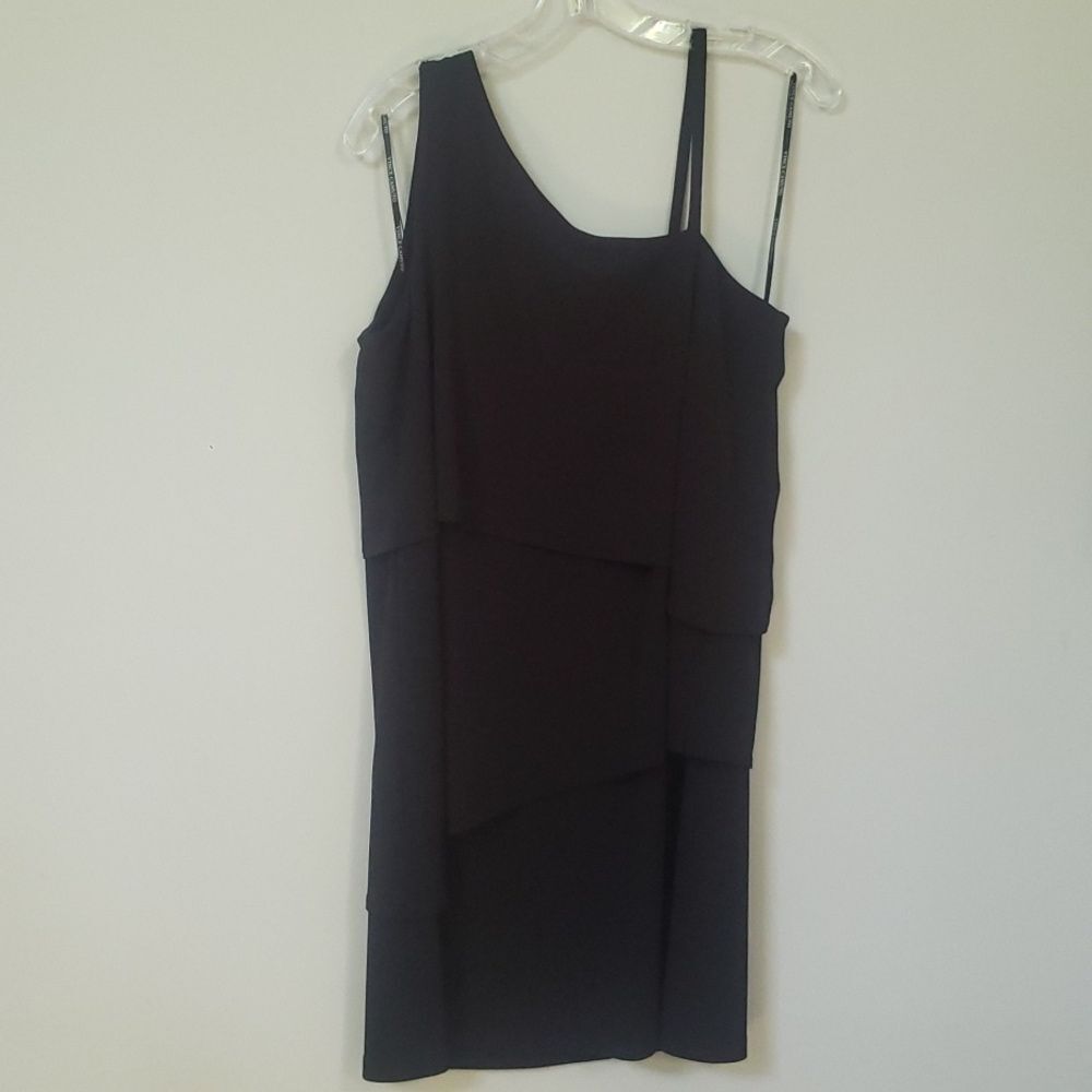 Vince Camuto Dress Womens 12 Black One Shoulder Tiered Flounce Ruffle Formal LBD